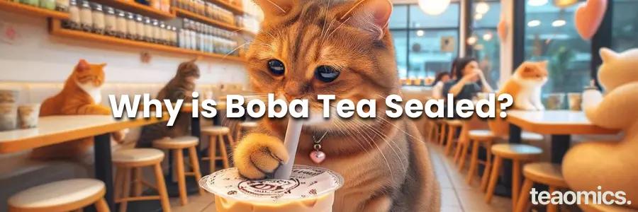 Cute cat in a boba tea shop drinking boba tea, with 'Why is boba tea sealed?' text overlayed